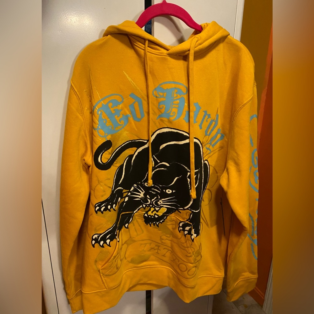 Ed Hardy Crouching Black Panther Hoodie Yellow size Medium